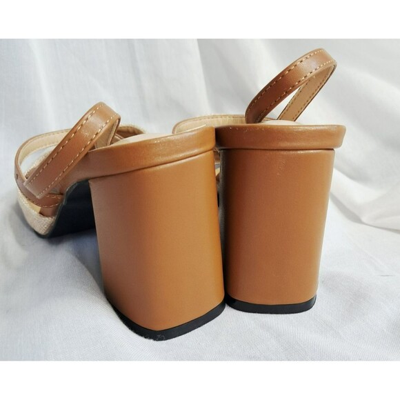 Women’s Point Toe Slingback Chunky Heels – Brown & Beige Linen  41 US 10 - Picture 9 of 10